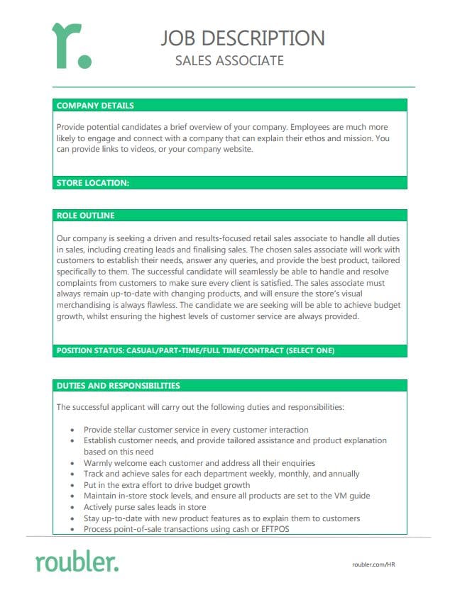 sales associate job description template roubler australia store associate duties
