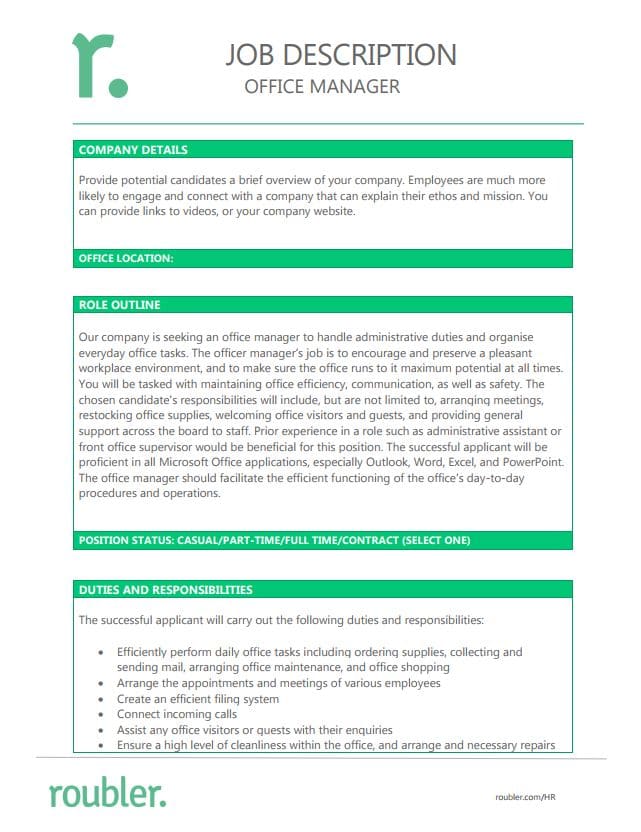 Office Manager Job Description Template - Roubler UK Resources